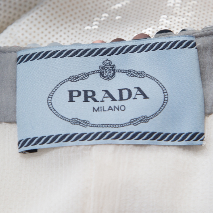 Pre Owned Prada Off White Sequined Silk Sleeveless Shift Dress S