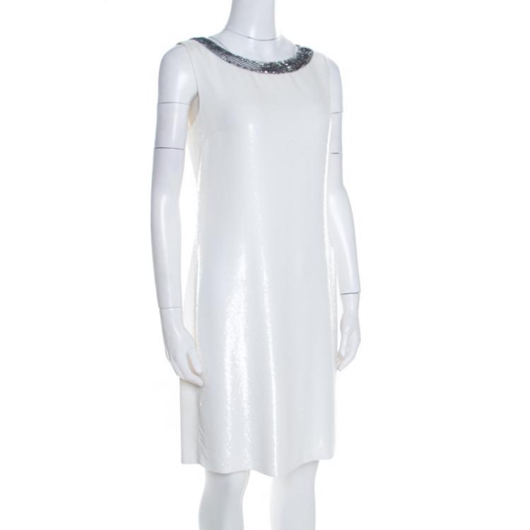Pre Owned Prada Off White Sequined Silk Sleeveless Shift Dress S