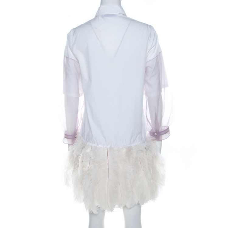 Pre Owned Prada White Cotton Feather-Embellished Shirt Dress S