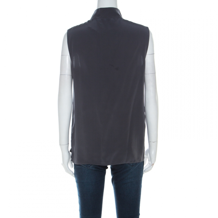 Pre Owned Prada Charcoal Grey Silk Crepe de Chine Ruffled Trim Sleeveless Top S