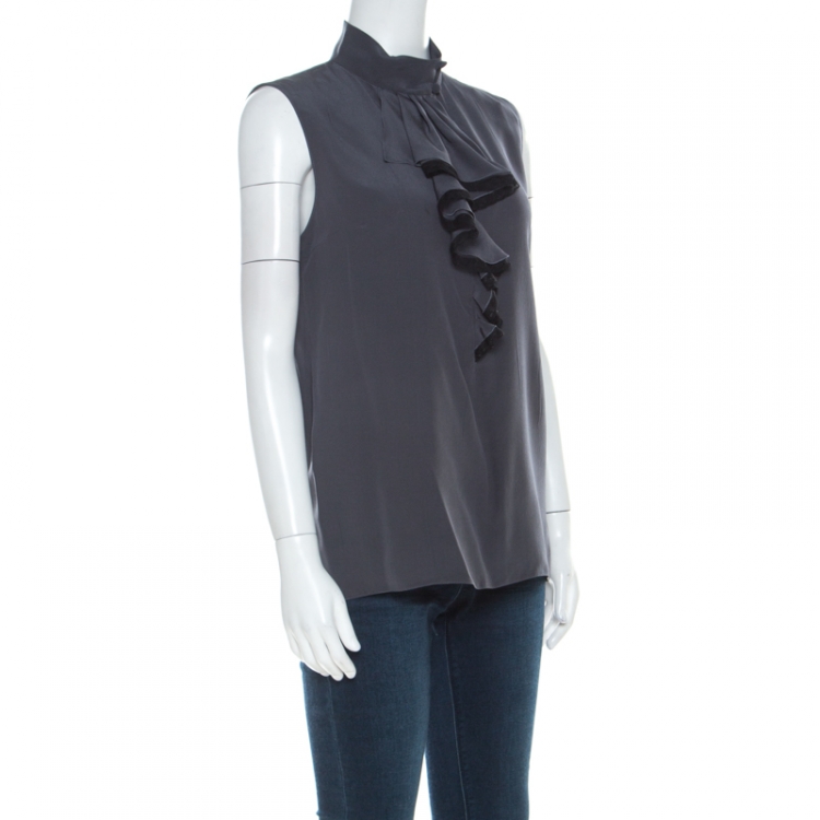 Pre Owned Prada Charcoal Grey Silk Crepe de Chine Ruffled Trim Sleeveless Top S