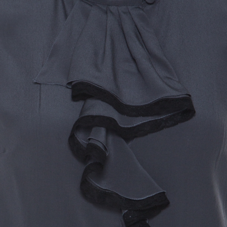 Pre Owned Prada Charcoal Grey Silk Crepe de Chine Ruffled Trim Sleeveless Top S