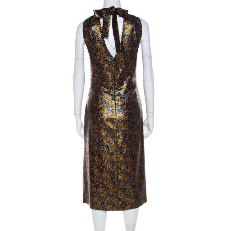 Pre Owned Prada Gold Floral Brocade Halter Midi Dress M