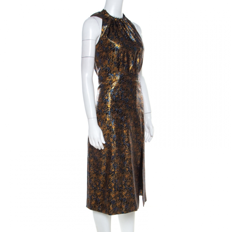 Pre Owned Prada Gold Floral Brocade Halter Midi Dress M