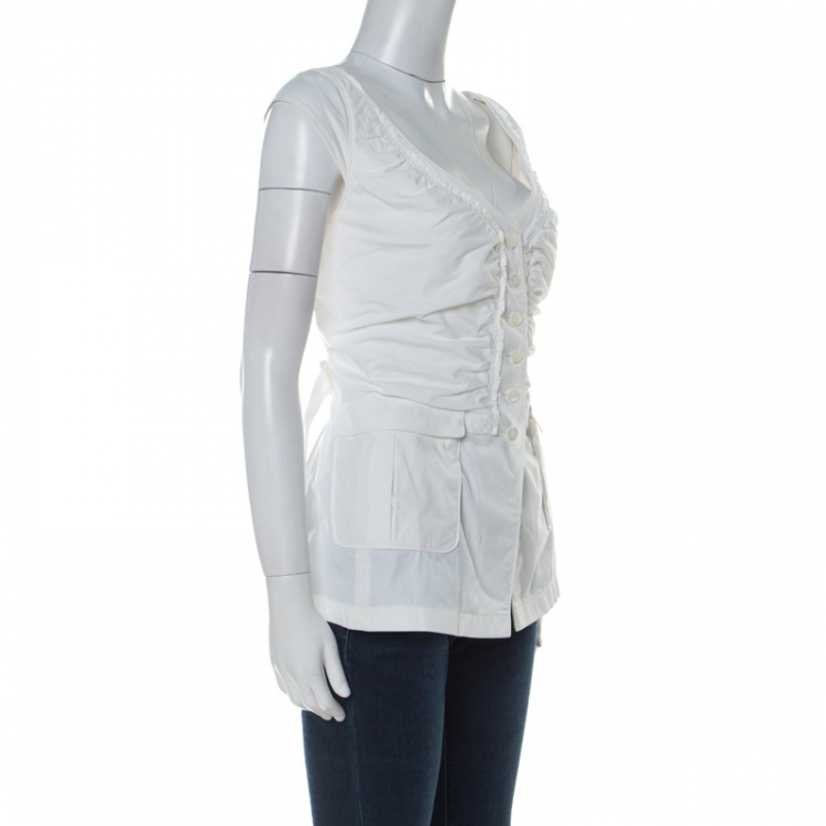 Pre Owned Prada Off White Cotton Ruched Front Cap Sleeve Blouse L 