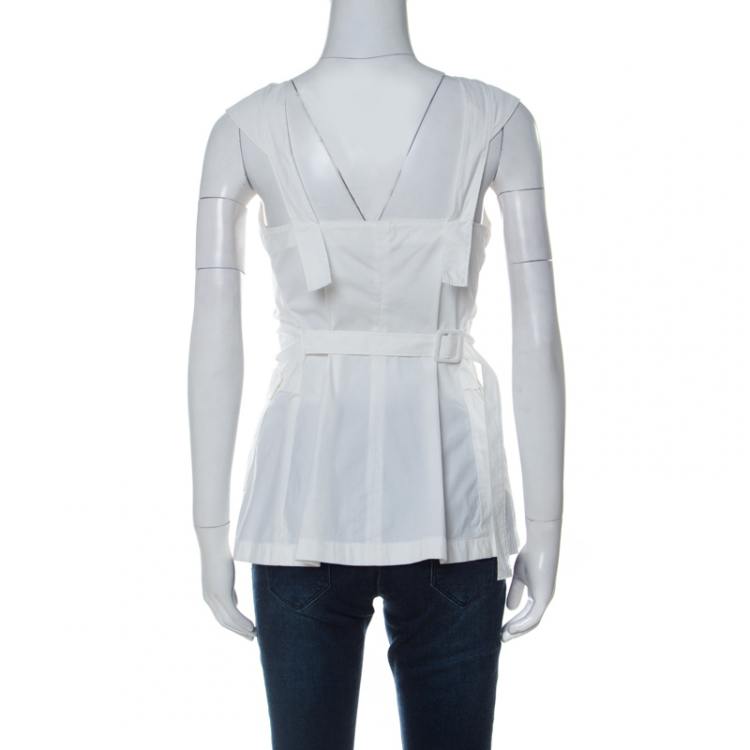 Pre Owned Prada Off White Cotton Ruched Front Cap Sleeve Blouse L 