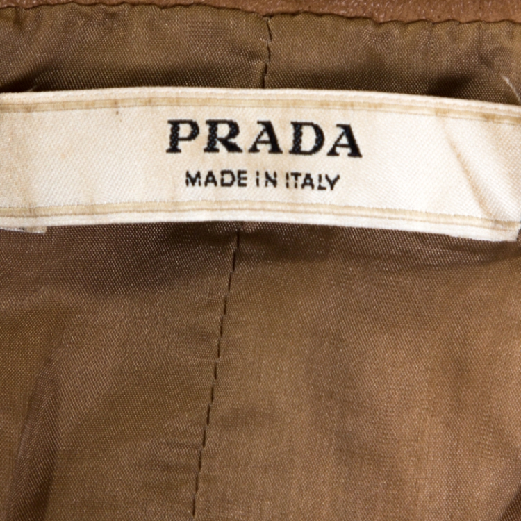 Pre Owned Prada Beige Leather Gathered Zip Front Jacket M