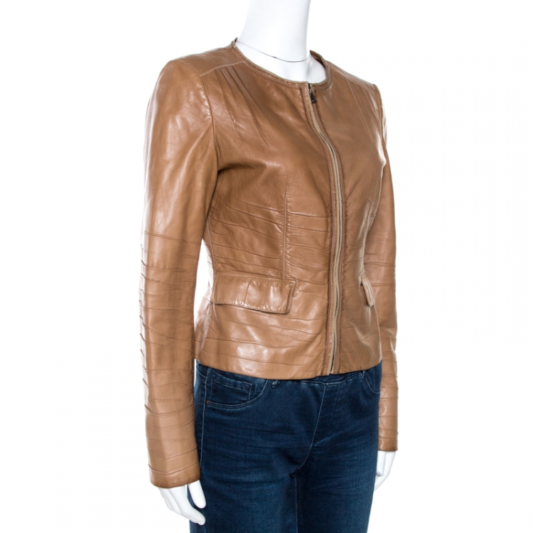 Pre Owned Prada Beige Leather Gathered Zip Front Jacket M