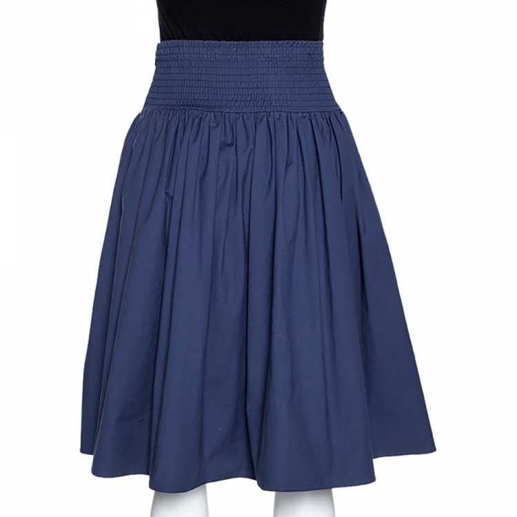 Pre Owned Prada Navy Blue Cotton Elasticized Waist Midi Skirt S