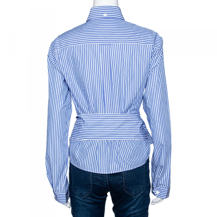 Pre Owned Prada Blue Striped Cotton Wrap Front Tie Detail Shirt S