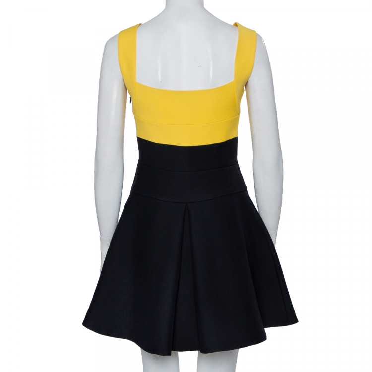 Pre Owned Prada Black & Yellow Wool & Silk Pleated Sleeveless Mini Dress S