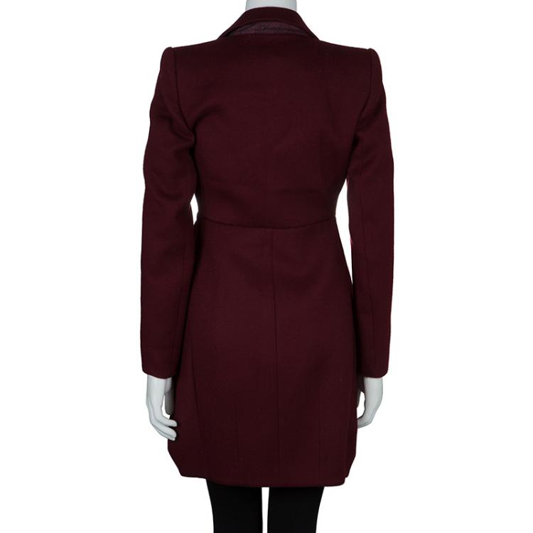 Pre Owned Prada Burgundy Wool Notched Collar Overcoat S