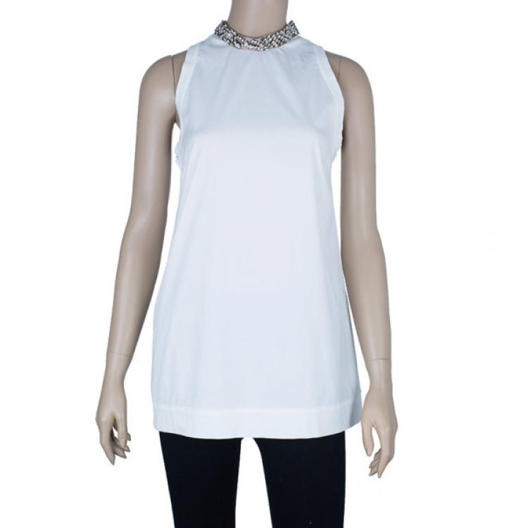 Pre Owned Prada White Embellished Collar Top M