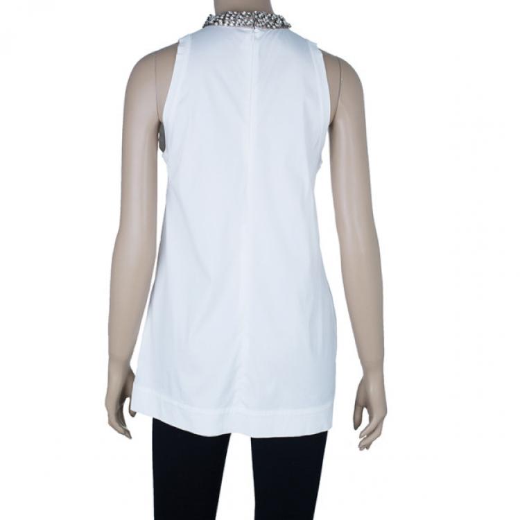 Pre Owned Prada White Embellished Collar Top M