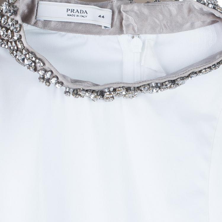 Pre Owned Prada White Embellished Collar Top M
