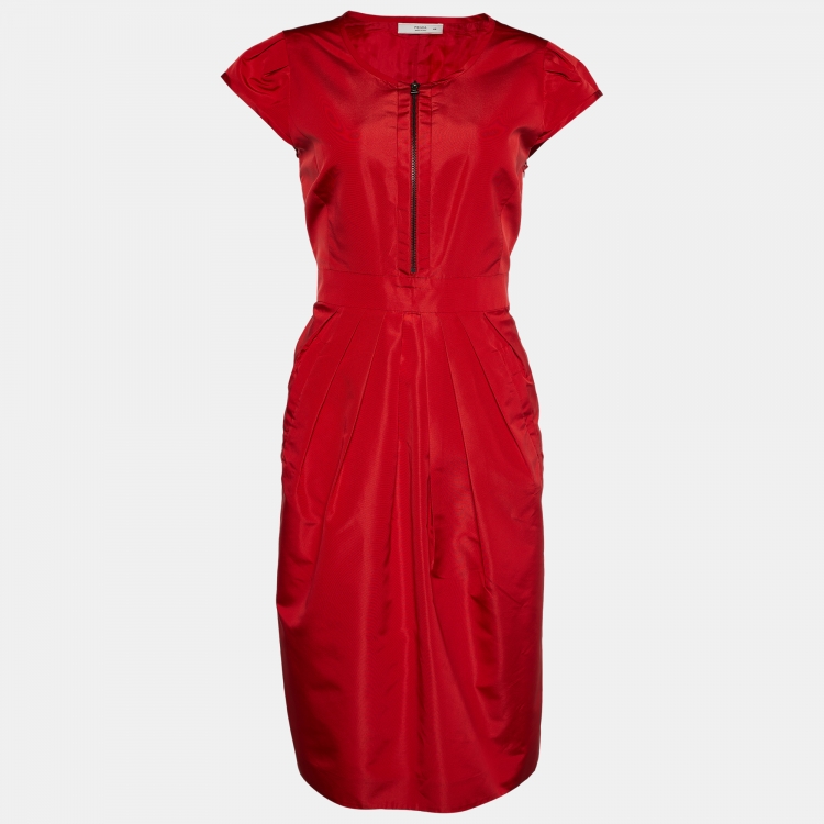 Pre Owned Prada Red Silk Blend Zip Front Dress M