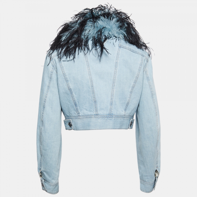 Prada Blue Denim Detachable Feather-Trim Collar Cropped Jacket S Prada | TLC