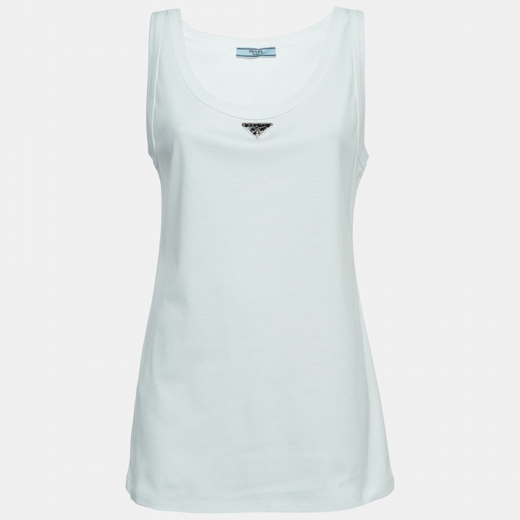 Pre Owned Prada White Cotton Knit Logo Applique Tank Top L