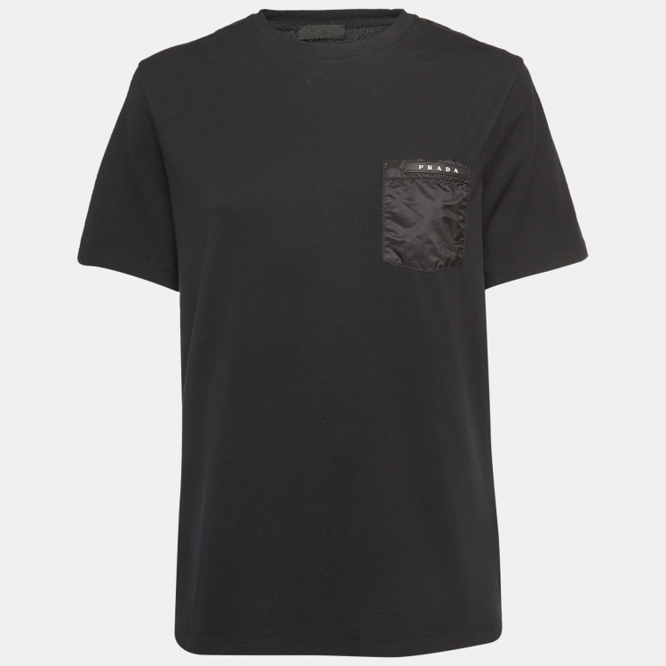 مملوكة مسبقًا Prada Black Cotton Knit Detail Pocket Detail Crew Neck T-Shirt M