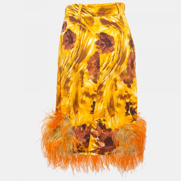 Pre Owned Prada Orange Floral Print Feather Trim Crepe Midi Skirt S