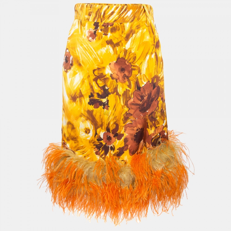 Pre Owned Prada Orange Floral Print Feather Trim Crepe Midi Skirt S