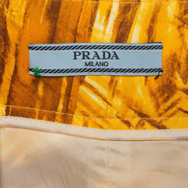 Pre Owned Prada Orange Floral Print Feather Trim Crepe Midi Skirt S