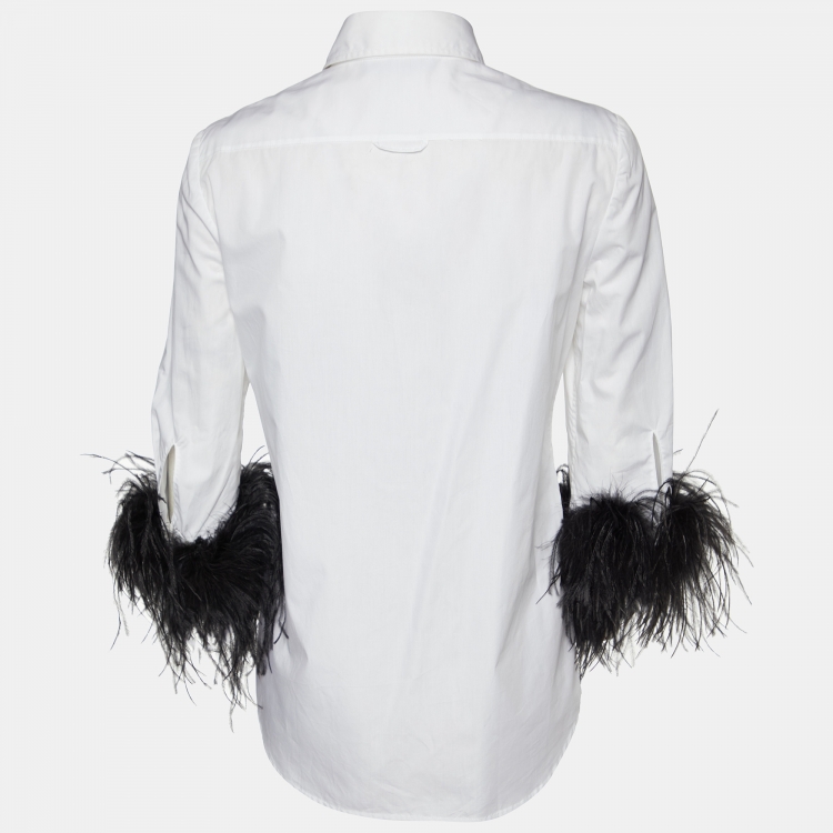 Pre Owned Prada White Cotton Feather Trimmed Button Front Shirt S