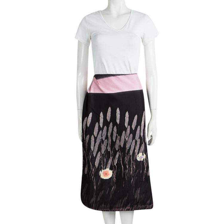 Pre Owned Prada Black Wheat Print Midi Skirt S