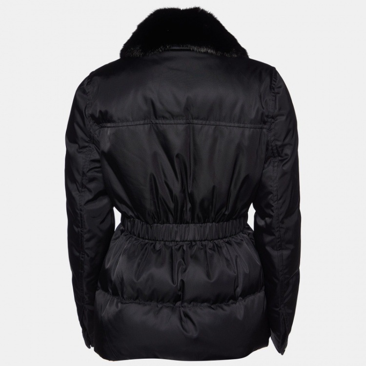 Pre Owned Prada Black Detachable Mink Fur Collar Synthetic Puffer Jacket M