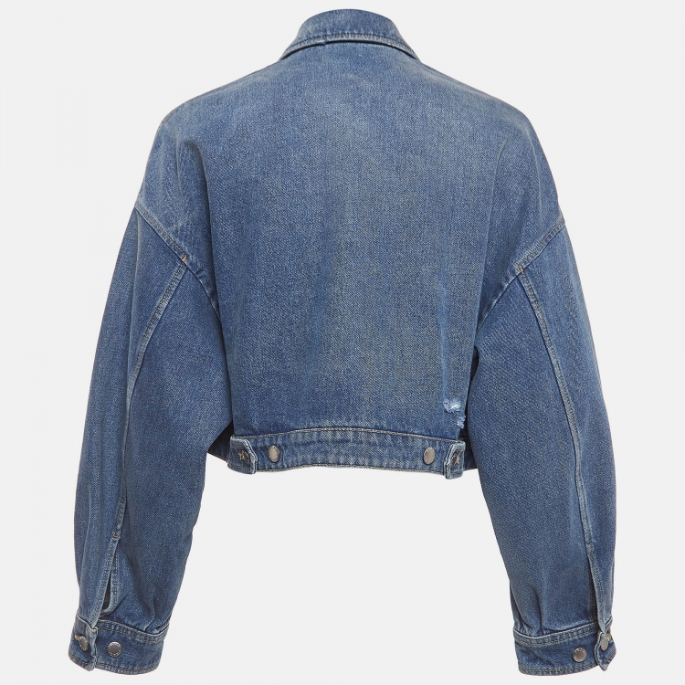 Pre Owned Prada Blue Logo Triangle Denim Cropped Jacket XS