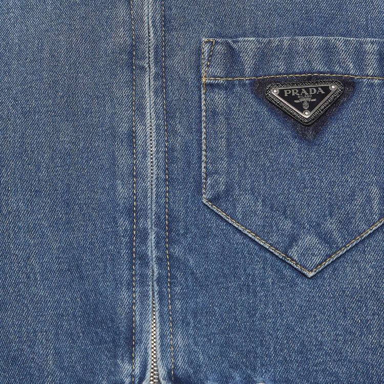 Pre Owned Prada Blue Logo Triangle Denim Cropped Jacket XS