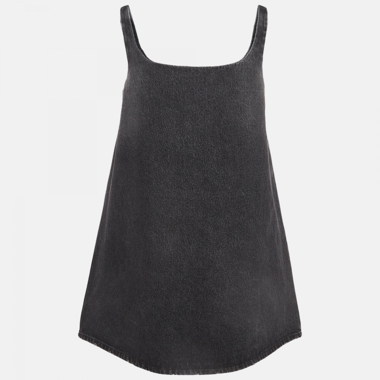 Pre Owned Prada Black Metal Triangle Logo Denim Mini Shift Dress S