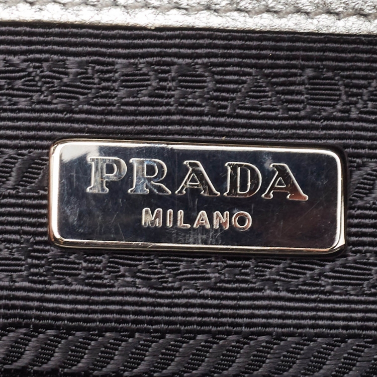 Pre Owned Prada Silver Leather Logo Camera Crossbody Bag