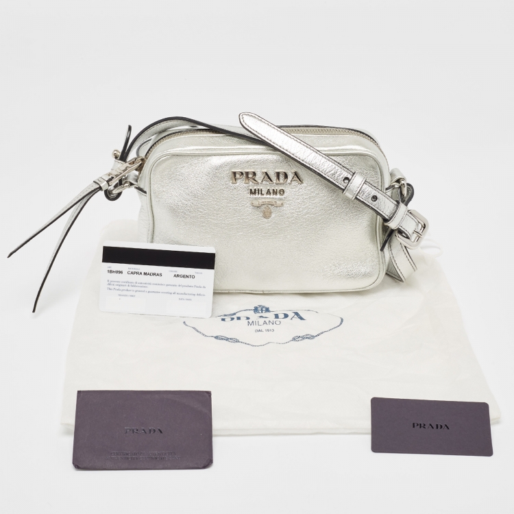 Pre Owned Prada Silver Leather Logo Camera Crossbody Bag