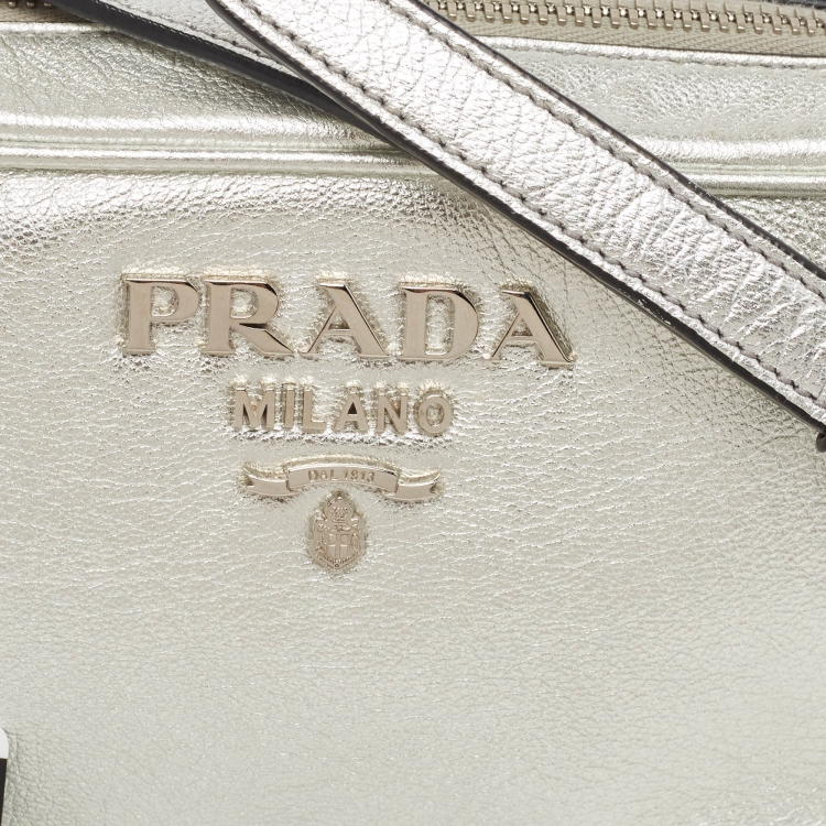 Pre Owned Prada Silver Leather Logo Camera Crossbody Bag