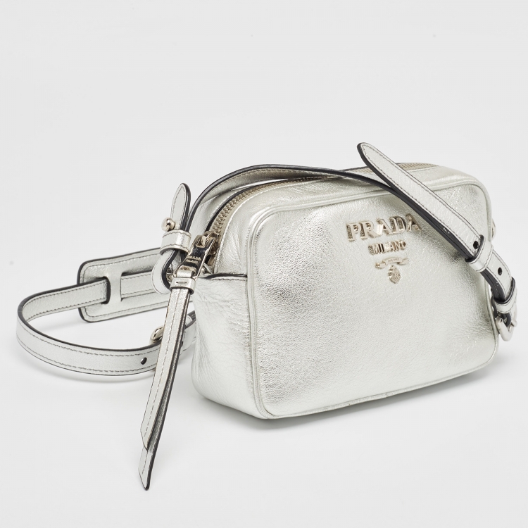 Pre Owned Prada Silver Leather Logo Camera Crossbody Bag
