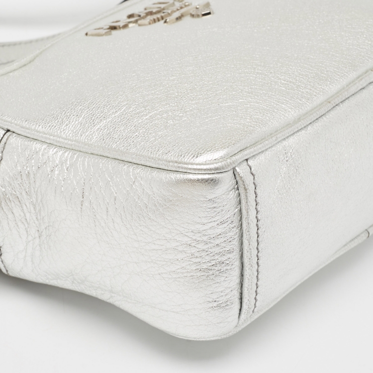 Pre Owned Prada Silver Leather Logo Camera Crossbody Bag