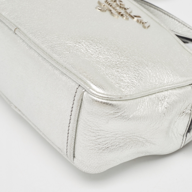 Pre Owned Prada Silver Leather Logo Camera Crossbody Bag
