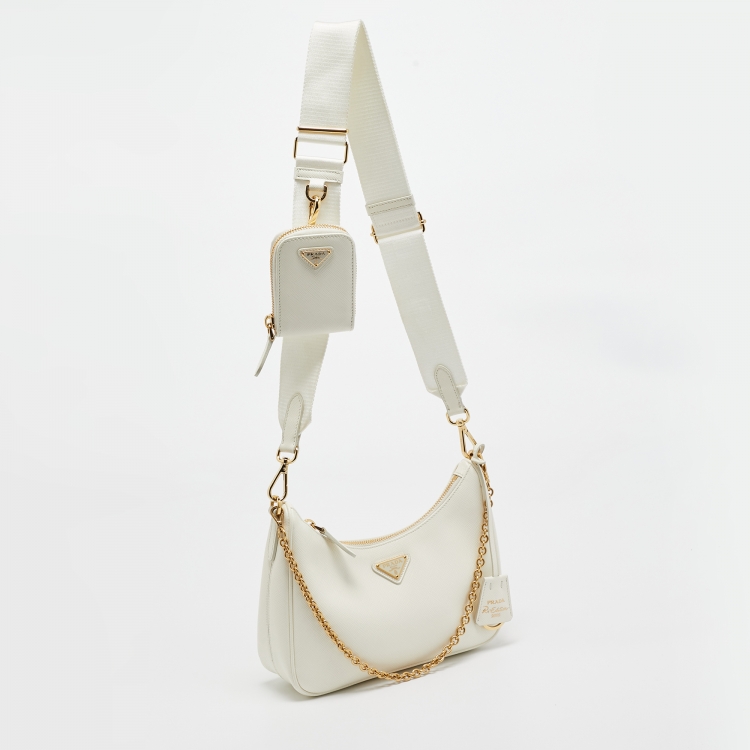 Pre Owned Prada Cream Saffiano Leather Re-Edition 2005 Baguette Bag