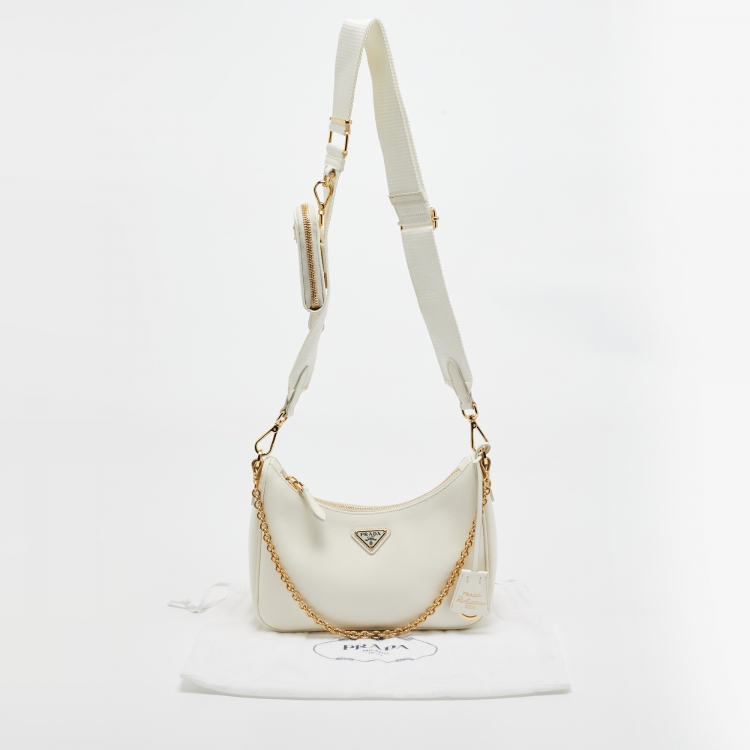 Pre Owned Prada Cream Saffiano Leather Re-Edition 2005 Baguette Bag