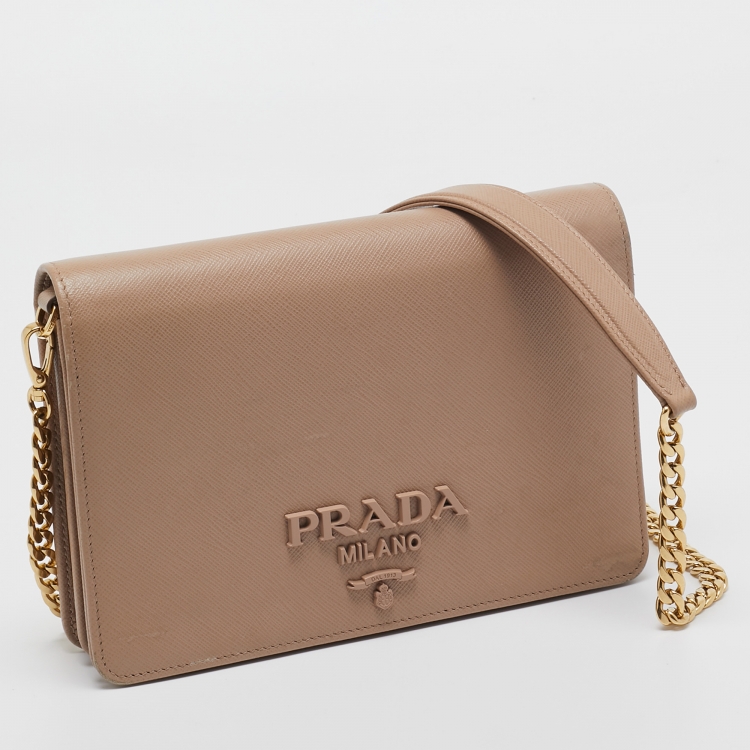 Pre Owned Prada Beige Saffiano Leather Wallet on Chain