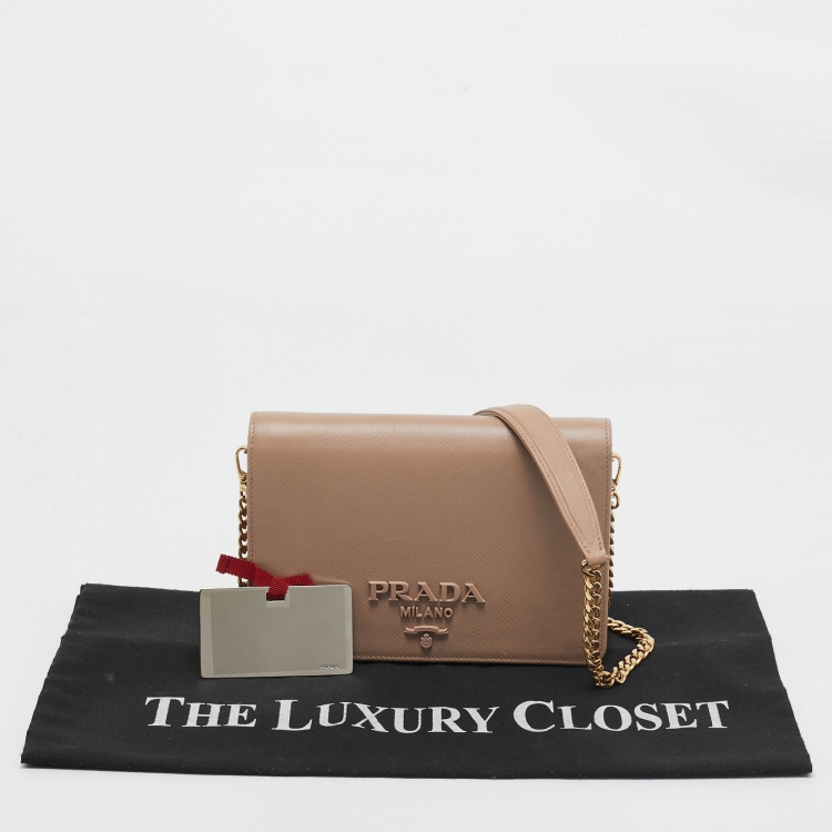 Pre Owned Prada Beige Saffiano Leather Wallet on Chain