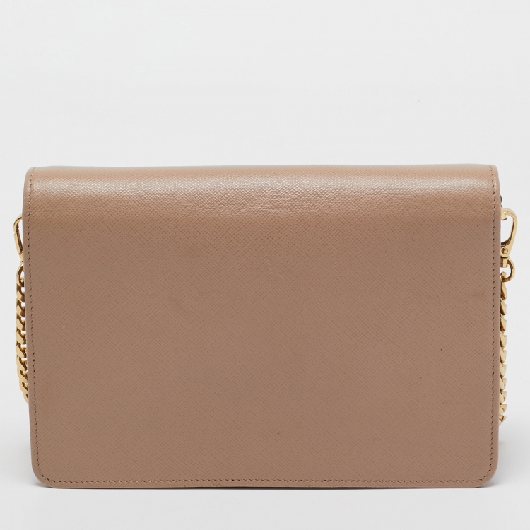 Pre Owned Prada Beige Saffiano Leather Wallet on Chain