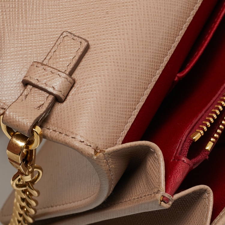 Pre Owned Prada Beige Saffiano Leather Wallet on Chain