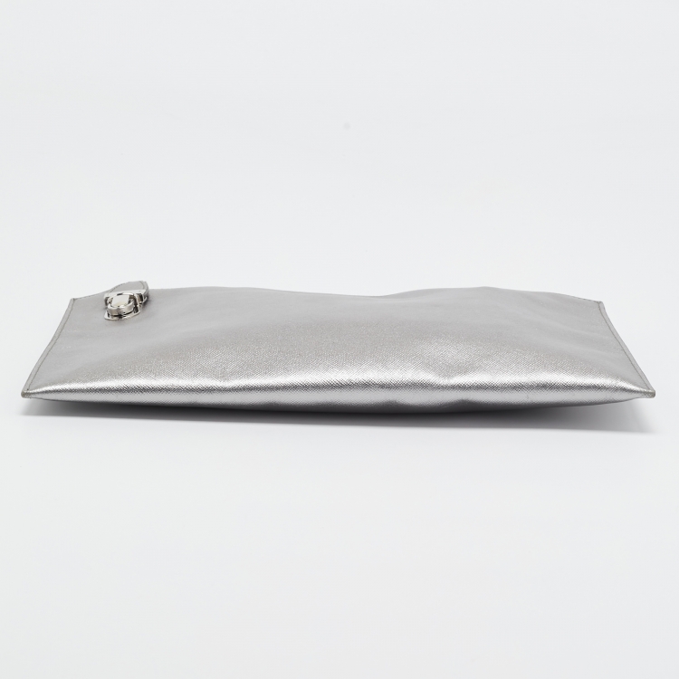 Pre Owned Prada Silver Saffiano Lux Leather Push Lock Clutch