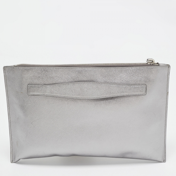 Pre Owned Prada Silver Saffiano Lux Leather Push Lock Clutch