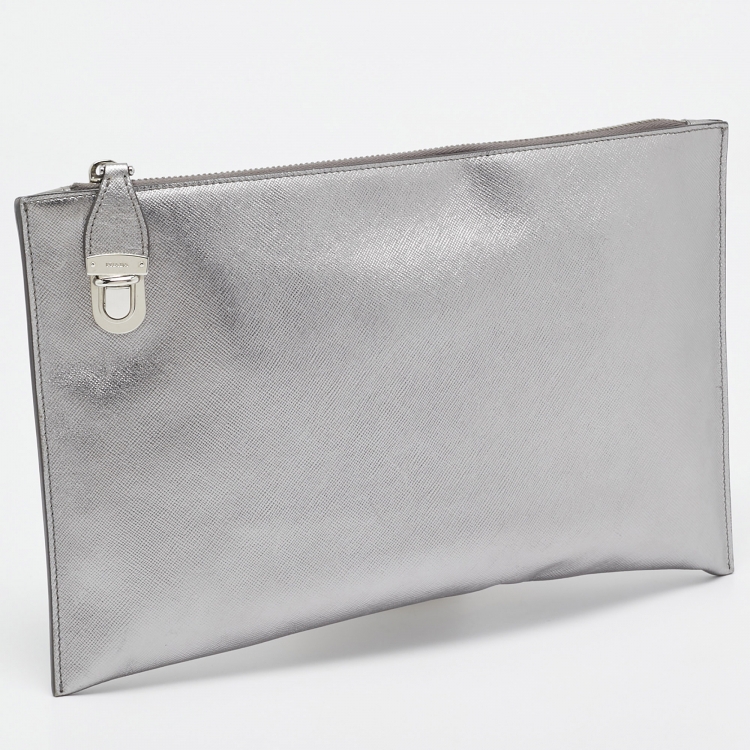 Pre Owned Prada Silver Saffiano Lux Leather Push Lock Clutch