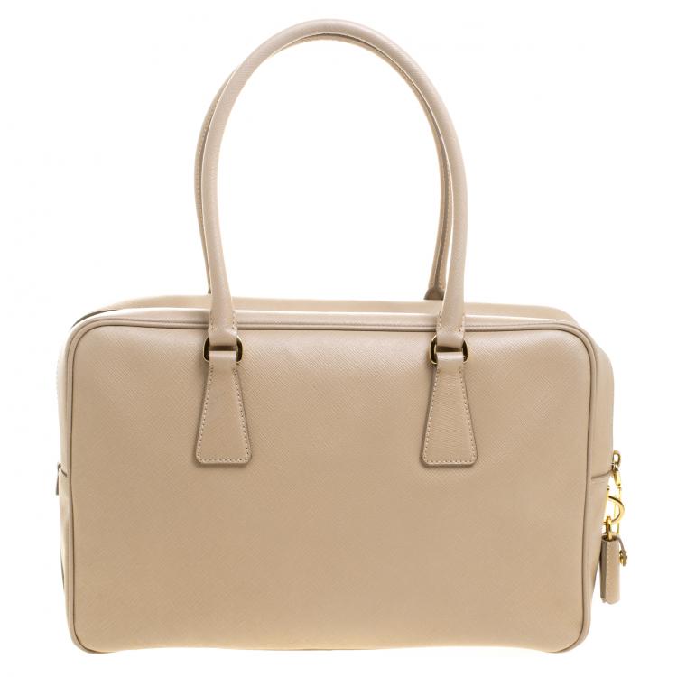 Pre Owned Prada Beige Saffiano Lux Leather Top Handle Bowling Bag