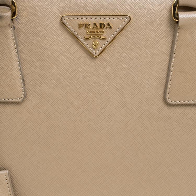 Pre Owned Prada Beige Saffiano Lux Leather Top Handle Bowling Bag