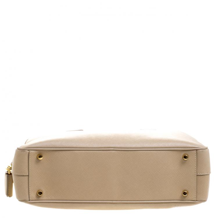 Pre Owned Prada Beige Saffiano Lux Leather Top Handle Bowling Bag